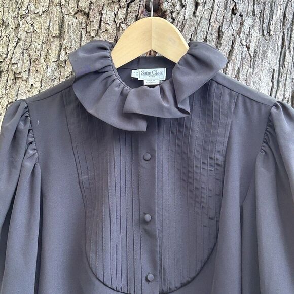 Vintage Saint Clair Paris Blouse Size 6 Black Button Front Ruffle Collar Top - Picture 5 of 8